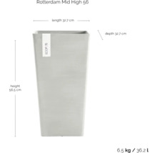 Abbildung eines eckigen Pflanzgefäßes mit den Maßangaben Höhe 56,5 cm, Länge 32,7 cm und Tiefe 32,7 cm.