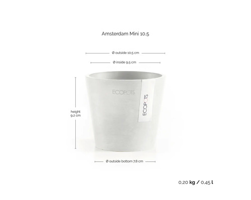 Ecobots Amsterdam Mini 10.5 Pflanztopf mit Größenangaben