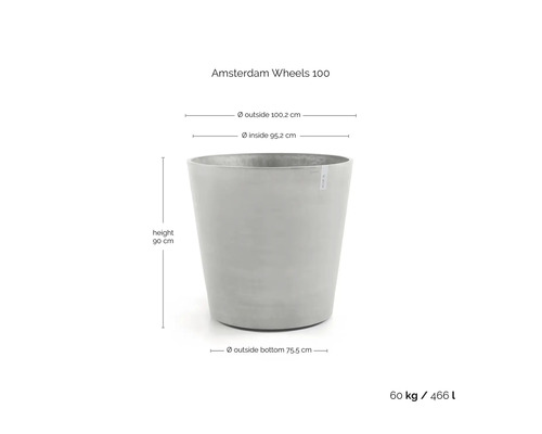 Amsterdam Wheels 100 Pflanzgefäß mit den Maßen: Höhe 90 cm, Außendurchmesser oben 100,2 cm, Innendurchmesser oben 95,2 cm, Außendurchmesser unten 75,5 cm, Gewicht 60 kg, Volumen 466 Liter.