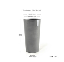 Hoher grauer Pflanztopf mit den Maßen 90 cm Höhe, 50 cm Außendurchmesser und 36,6 cm Bodendurchmesser.