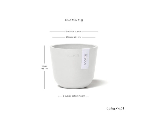 Oslo Mini 11.5 Blumentopf mit Höhenangabe 9.5 cm, Außendurchmesser 11.4 cm, Innendurchmesser 10.1 cm, Außendurchmesser Boden 5.3 cm