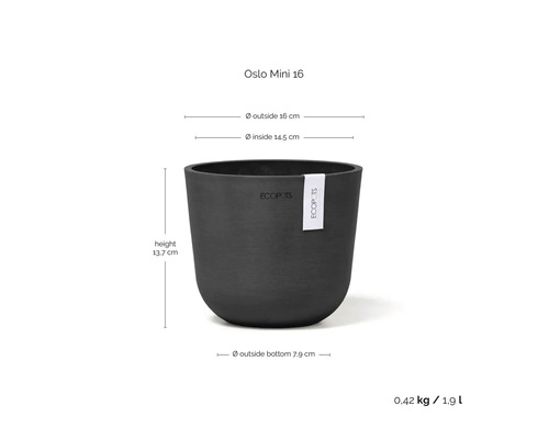 Ecopots Oslo Mini 16 Pflanztopf mit den Maßen 16 cm Außendurchmesser, 14,5 cm Innendurchmesser, 13,7 cm Höhe und 7,9 cm Durchmesser am Boden.