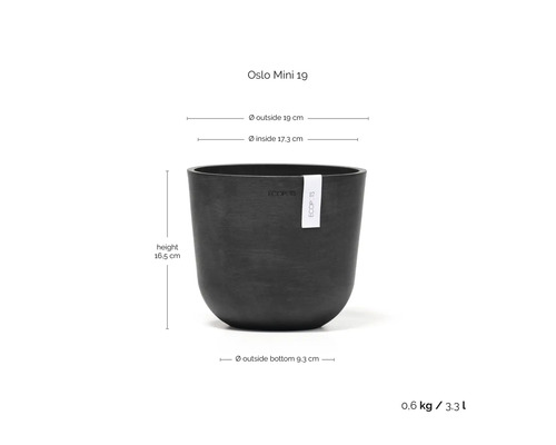 Oslo Mini 19 Pflanztopf mit den Maßen: Außendurchmesser 19 cm, Innendurchmesser 17,3 cm und Höhe 16,5 cm