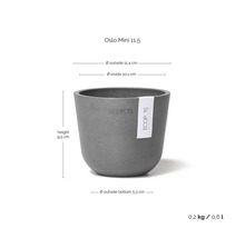 Oslo Mini 11.5 Blumentopf mit den Maßen Höhe 9.5 cm, Außendurchmesser 11.4 cm und Innendurchmesser 10.1 cm.