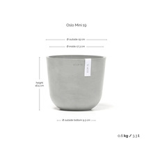 Oslo Mini 19 Blumentopf mit den Maßen Höhe 16,5 cm, Außendurchmesser 19 cm, Innendurchmesser 17,3 cm, Durchmesser Boden außen 9,3 cm, Gewicht 0,6 kg und Volumen 3,3 l