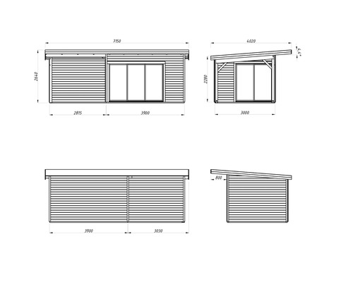 Zeichnung eines Gartenhauses mit Maßangaben