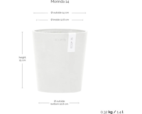 Morinda 14 Pflanztopf mit den Maßen: Außendurchmesser 14 cm, Innendurchmesser 12,8 cm, Höhe 15 cm und Außendurchmesser Boden 10,8 cm