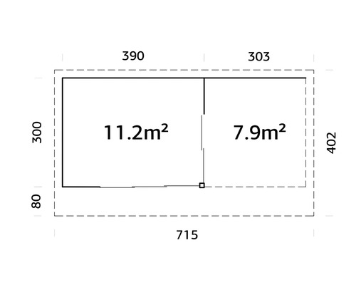 Grundrisszeichnung mit Flächenangaben von 11,2 Quadratmeter und 7,9 Quadratmeter und Abmessungen
