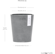 Morinda 11 Pflanzgefäß mit den Maßen Höhe 12,5 cm, Außendurchmesser 11 cm, Innendurchmesser 9,8 cm und Durchmesser Boden außen 8,5 cm.