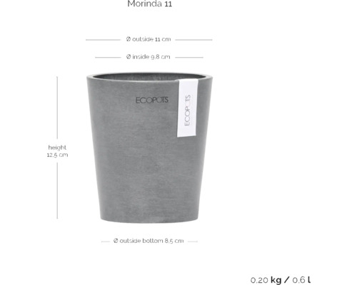Morinda 11 Pflanzgefäß mit den Maßen Höhe 12,5 cm, Außendurchmesser 11 cm, Innendurchmesser 9,8 cm und Durchmesser Boden außen 8,5 cm.