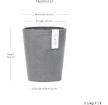 Morinda 17 Pflanzgefäß mit den Maßen Höhe 19,5 cm, Außendurchmesser oben 17,1 cm, Innendurchmesser oben 15,5 cm und Außendurchmesser unten 13 cm.