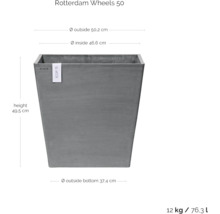 Grauer Pflanzkübel Rotterdam Wheels 50 mit den Maßen Höhe 49,5 cm, Durchmesser oben außen 50,2 cm, Durchmesser oben innen 46,6 cm und Durchmesser unten außen 37,4 cm.