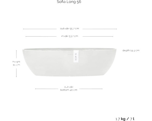 Sofia Long 56 Pflanzgefäß mit Größenangaben