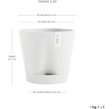 Blumentopf mit den Maßen Höhe 17,7 cm, Außendurchmesser 20,1 cm, Innendurchmesser 18,3 cm und Außendurchmesser unten 14,5 cm.