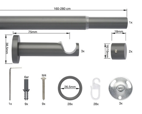 Gardinenstangenset mit Montagezubehör und Maßen