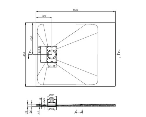 Technische Zeichnung einer Duschwanne mit Maßen.