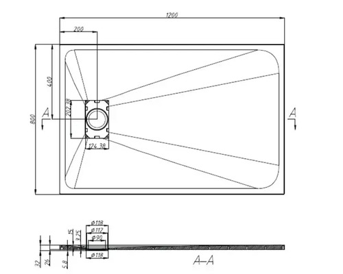 Technische Zeichnung einer Duschwanne mit Maßen