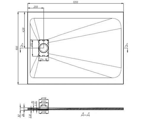 Technische Zeichnung einer Duschwanne mit Maßen