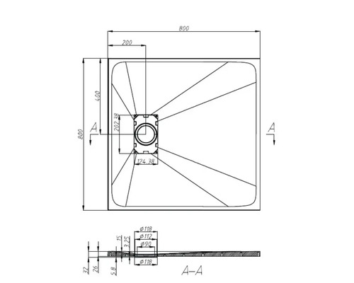 Technische Zeichnung einer Duschwanne mit Maßangaben