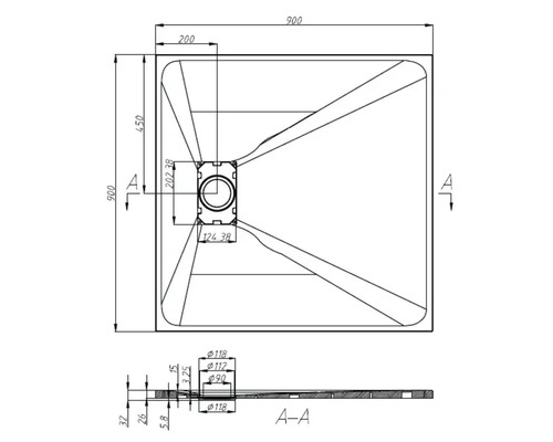 Technische Zeichnung einer Duschwanne mit Maßen