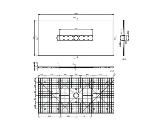 Technische Zeichnung einer Duschwanne mit Maßangaben