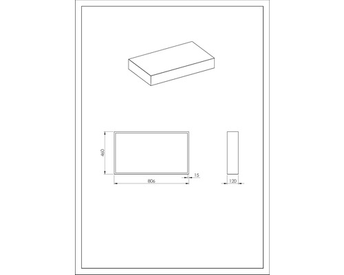 Technische Zeichnung einer rechteckigen Box mit den Maßen 806 mm Breite, 460 mm Höhe und 120 mm Tiefe.