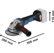 Bosch Akku-Winkelschleifer mit den Maßen 260 mm, 358 mm und 110 mm.