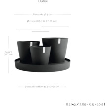 Set aus drei schwarzen Pflanzgefäßen mit Untersetzer und Größenangaben