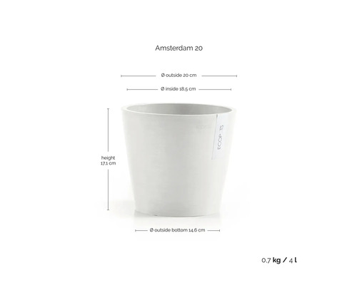 Amsterdam 20 Blumentopf mit den Maßen Höhe 17,1 cm, Außendurchmesser 20 cm, Innendurchmesser 18,5 cm und Außendurchmesser unten 14,6 cm