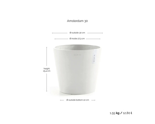 Amsterdam 30 Blumentopf, Höhe 25,4 cm, Durchmesser oben außen 30 cm, Durchmesser oben innen 27,3 cm, Durchmesser unten außen 22 cm, Gewicht 1,55 kg, Volumen 12,8 Liter