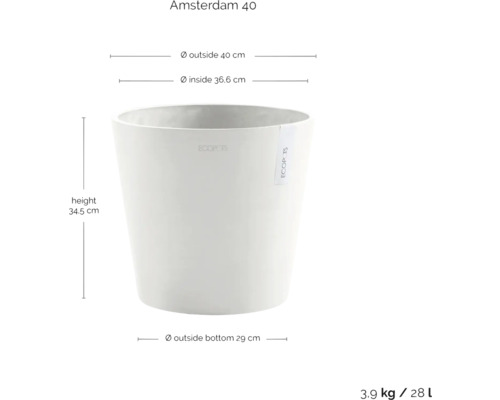 Ecobots Amsterdam 40 Pflanztopf mit Größenangaben