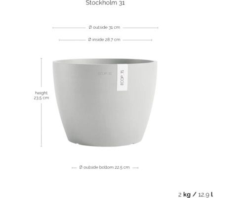 Stockholm 31 Pflanzgefäß mit den Maßen Höhe 23,5 cm, Außendurchmesser 31 cm und Innendurchmesser 28,7 cm