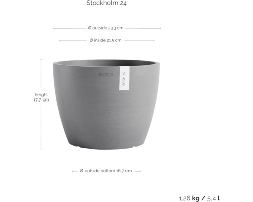 Stockholm 24 Pflanztopf mit den Maßen Höhe 17,7 cm, Außendurchmesser 23,3 cm und Innendurchmesser 21,5 cm