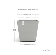 Abmessungen des Rotterdam 25 Pflanzgefäßes mit Wasserreservoir