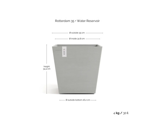 Rotterdam Pflanzkübel mit Wasserreservoir, Abmessungen: 34,4 cm hoch, 35 cm Außendurchmesser, 32,8 cm Innendurchmesser, 26,2 cm Durchmesser am Boden, 4 kg Gewicht, 30 Liter Volumen