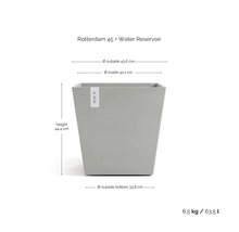 Abbildung eines Rotterdam 45 Pflanzgefäßes mit Wasserreservoir und Maßangaben.