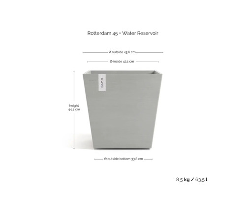 Abbildung eines Rotterdam 45 Pflanzgefäßes mit Wasserreservoir und Maßangaben.