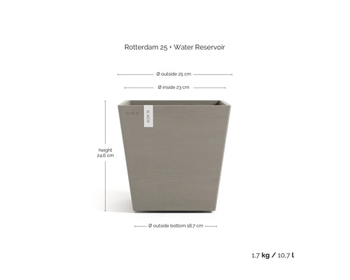 Eckiger Pflanzkasten Rotterdam 25 mit Wasserreservoir und Maßangaben