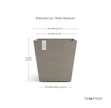 Rotterdam 45 Pflanzgefäß mit Wasserreservoir und Maßangaben