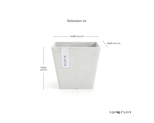 Ecopots Rotterdam 20 Pflanztopf, quadratisch, Maße 20,3 x 20,3 x 17,8 cm