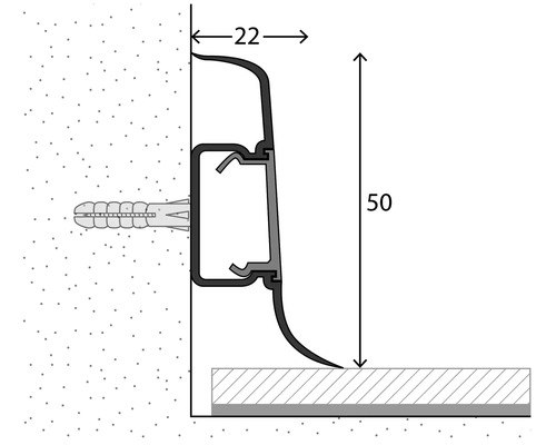 Diagramm einer Sockelleiste mit den Maßen 22 und 50 Millimeter.