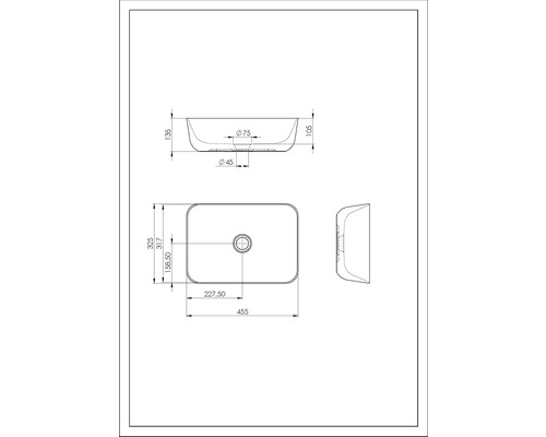 Technische Zeichnung eines Aufsatzwaschbeckens mit Maßangaben.