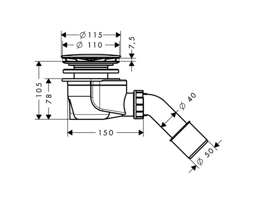 Technische Zeichnung Ablaufgarnitur mit Maßangaben