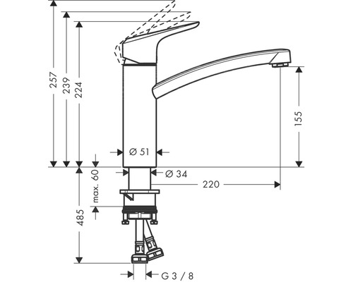 Technische Zeichnung einer Armatur mit Maßangaben