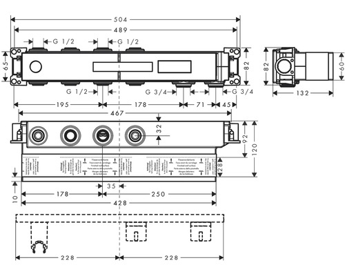 Technische Zeichnung einer Armaturenkörper-Rohbauform mit Maßangaben.