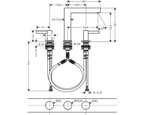 Technische Zeichnung einer Waschtischarmatur mit Maßen