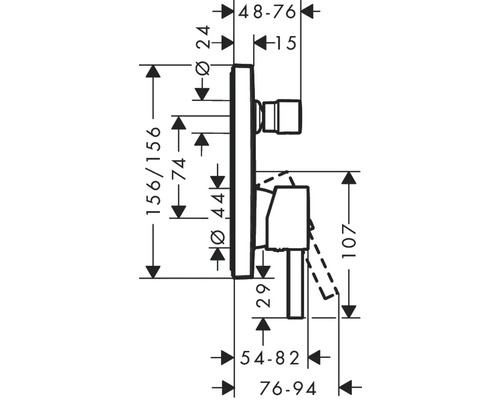 Technische Zeichnung einer Armatur mit Maßangaben