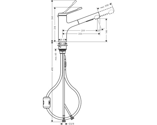 Zeichnung einer Küchenarmatur mit Maßangaben