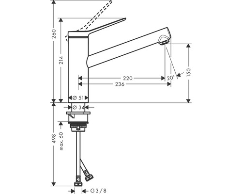 Technische Zeichnung einer Küchenarmatur mit Maßangaben