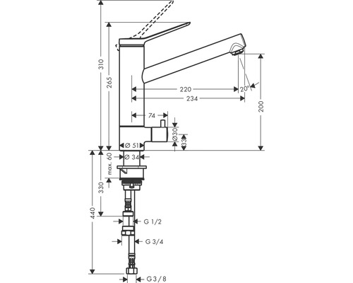 Technische Zeichnung einer Armatur mit Maßangaben
